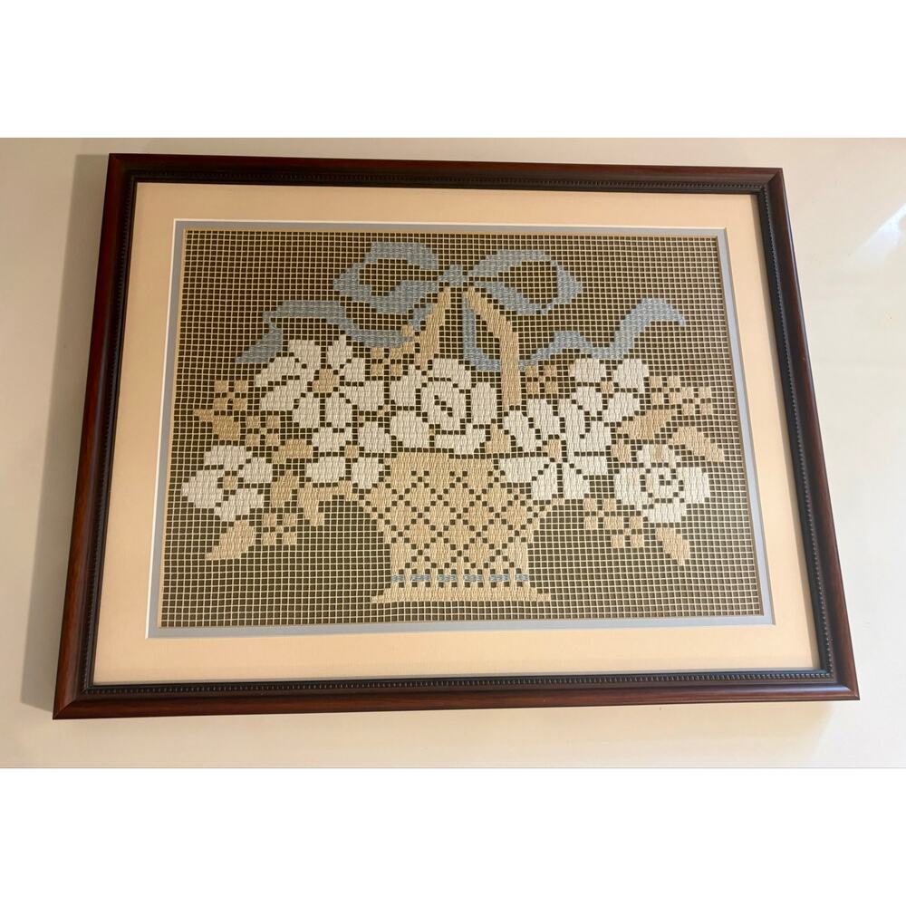 Vintage Net Darning Lace Blue Ribbon Country Floral Basket Framed